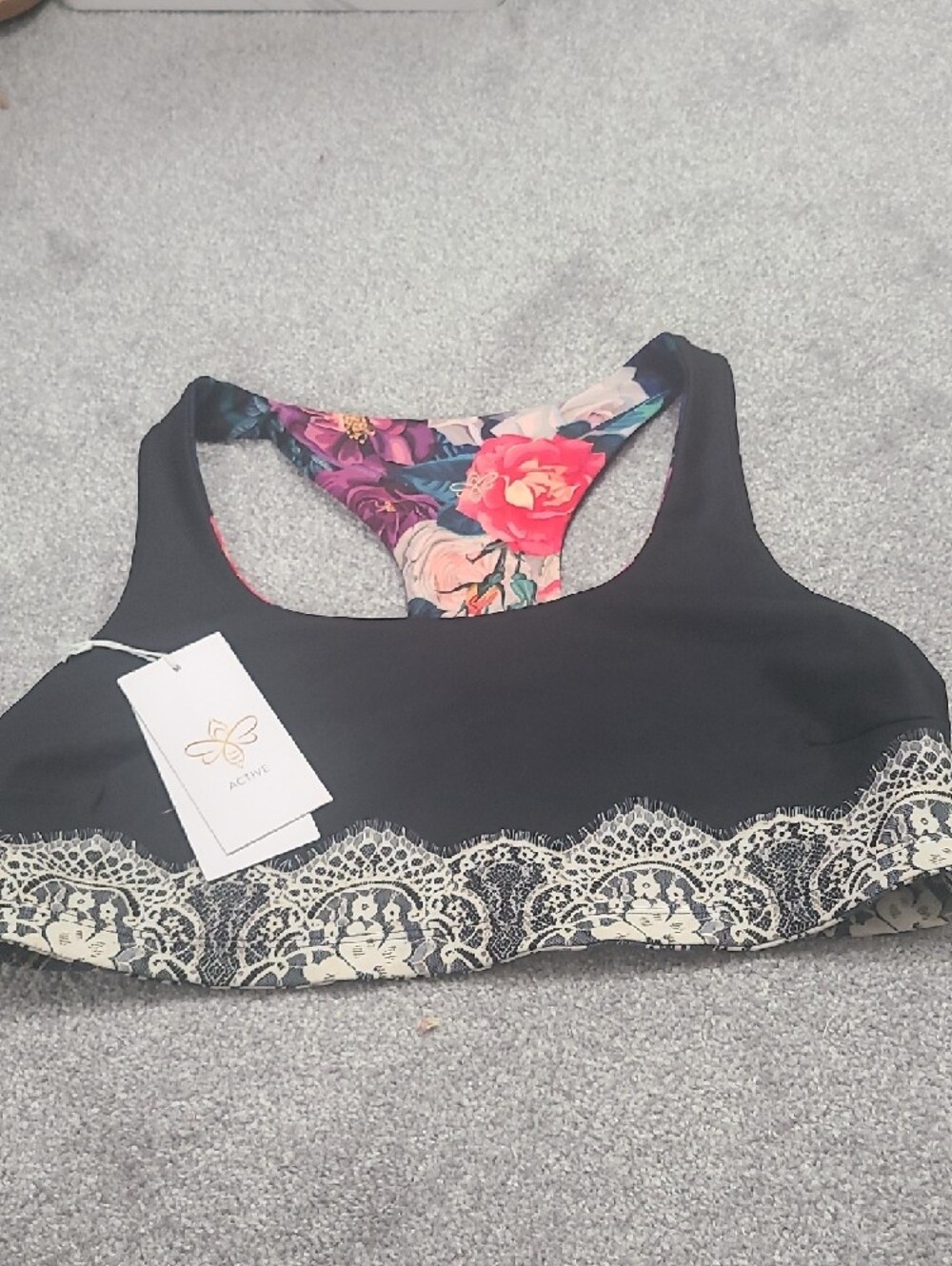 Johnny Was Reversible Black Floral Lace-Trim Racerback Sports Bra - Picture 3 of 6